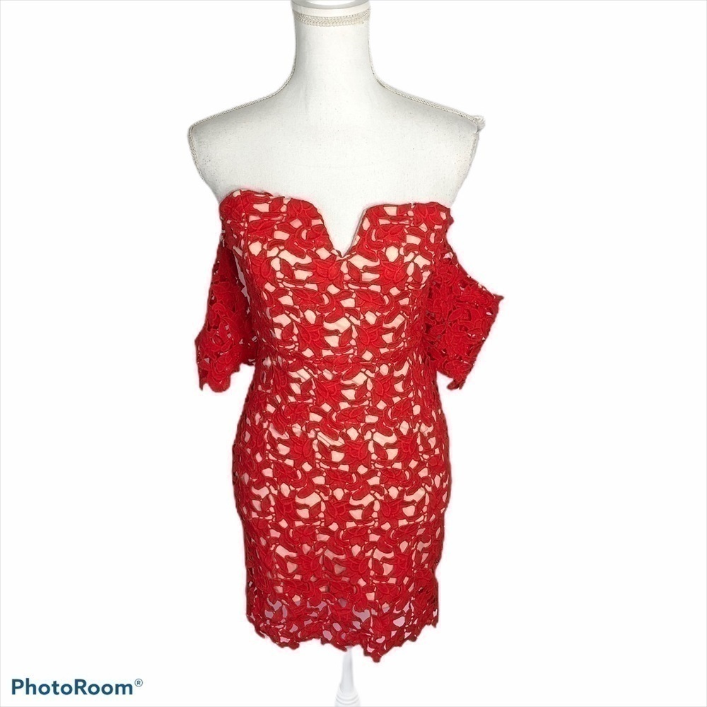 JOA Off the Shoulder Red Lace Mini Dress NWT XS